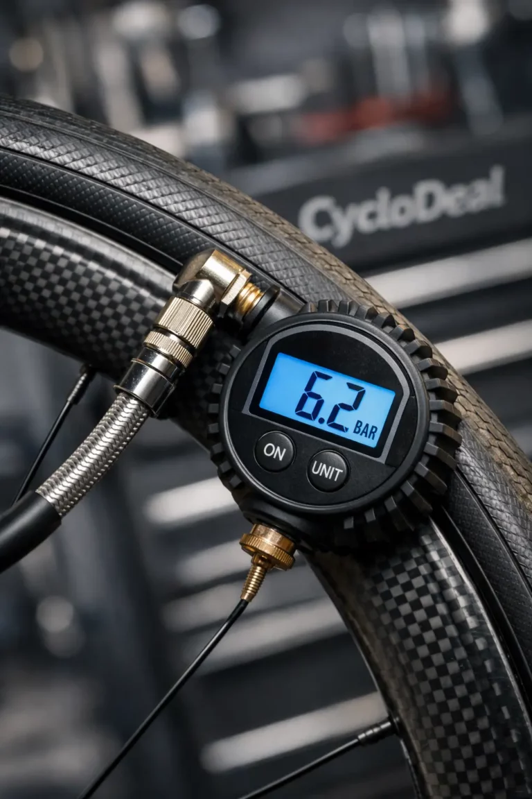 V&eacute;rification de la pression d'un pneu de v&eacute;lo de route avec un manom&egrave;tre digitalV&eacute;rification de la pression d'un pneu de v&eacute;lo de route avec un manom&egrave;tre digital